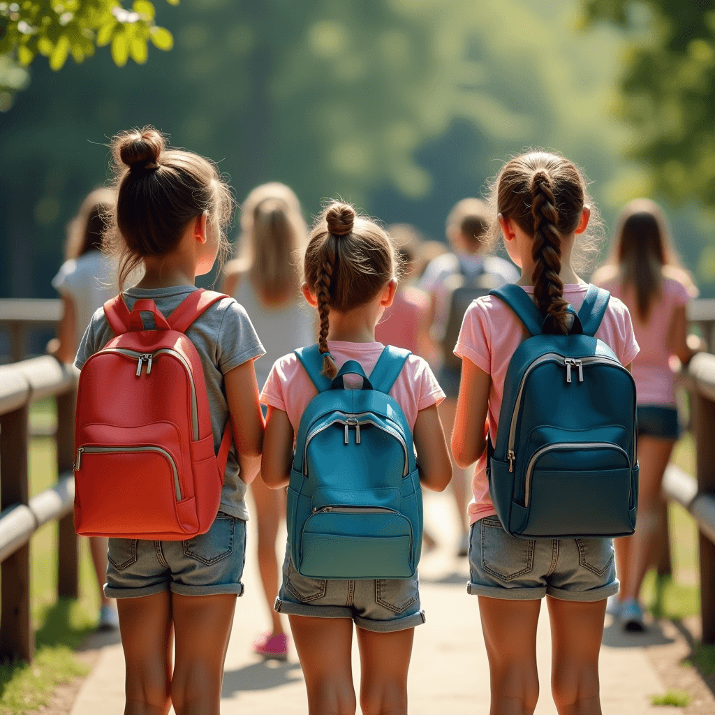 view back a group of juvenil young girls age 10 with rectangular schoolpack, with short top and casual shorts highlighting their round buttocks, skin imperfection and visible acne pimple, look curiously at the animals, standing on a barrier with a posture allowing them to look more closely at the animals in the park, strong heat and a lot of light,
