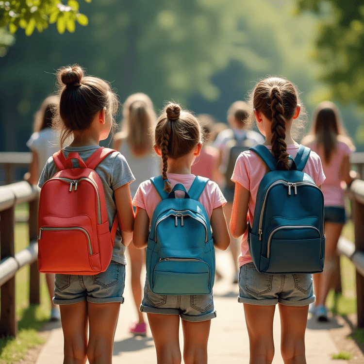 view back a group of juvenil young girls age 10 with rectangular schoolpack, with short top and casual shorts highlighting their round buttocks, skin imperfection and visible acne pimple, look curiously at the animals, standing on a barrier with a posture allowing them to look more closely at the animals in the park, strong heat and a lot of light,